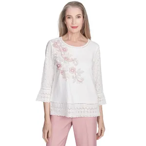 Women's Embroidered Floral Eyelet Trim Top - 90452