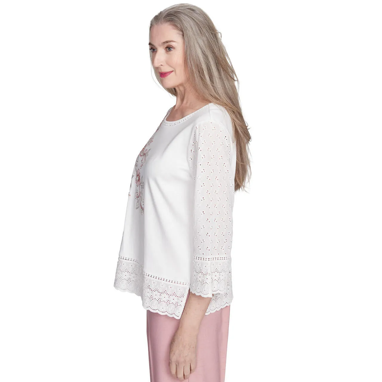 Women's Embroidered Floral Eyelet Trim Top - 90452