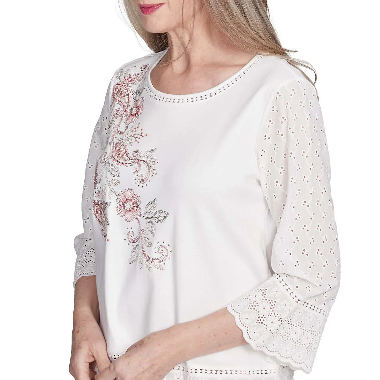 Women's Embroidered Floral Eyelet Trim Top - 90452