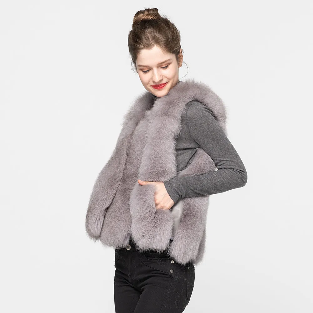 Women's Real Fox Fur Gilet Genuine Natural Fur Light Grey Vest