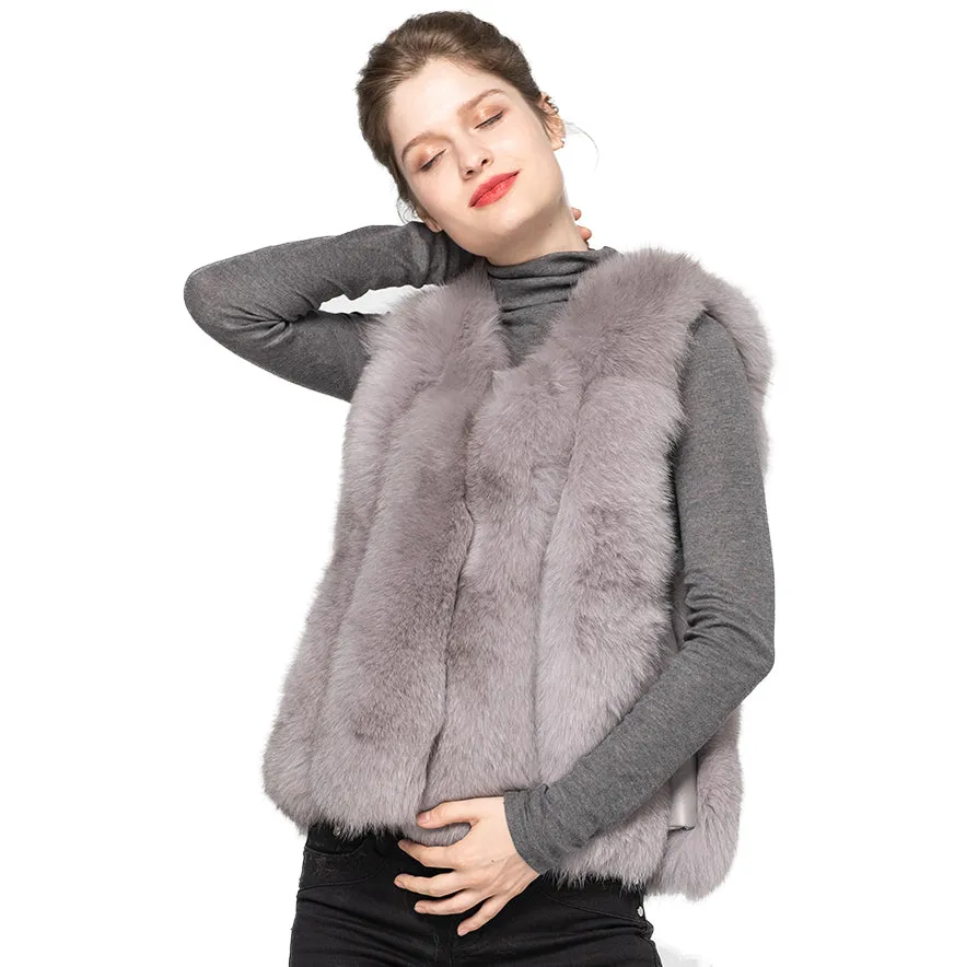 Women's Real Fox Fur Gilet Genuine Natural Fur Light Grey Vest