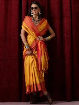 Yellow Red Blended Soft Silk Saree with Blouse Fabric
