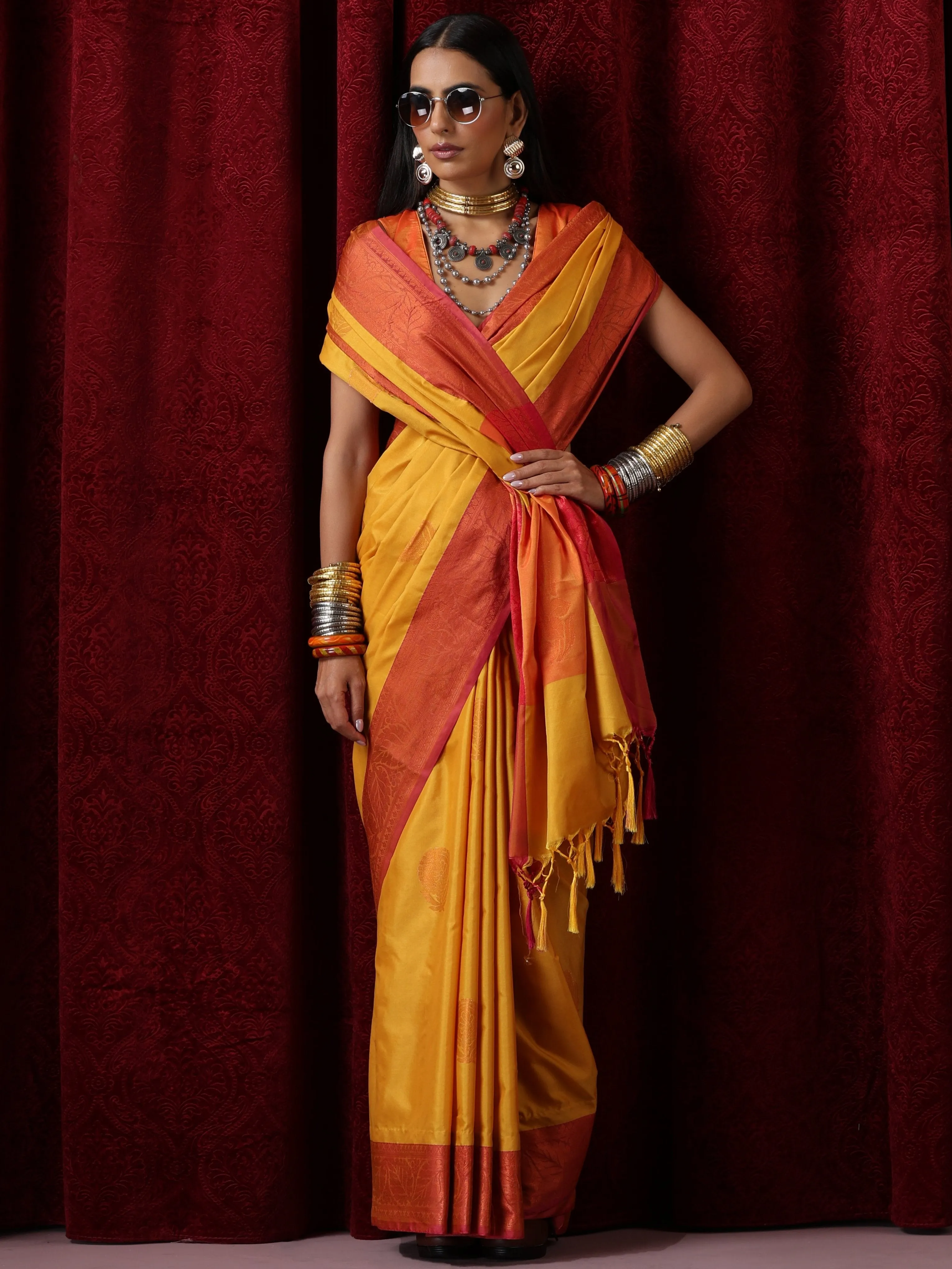 Yellow Red Blended Soft Silk Saree with Blouse Fabric