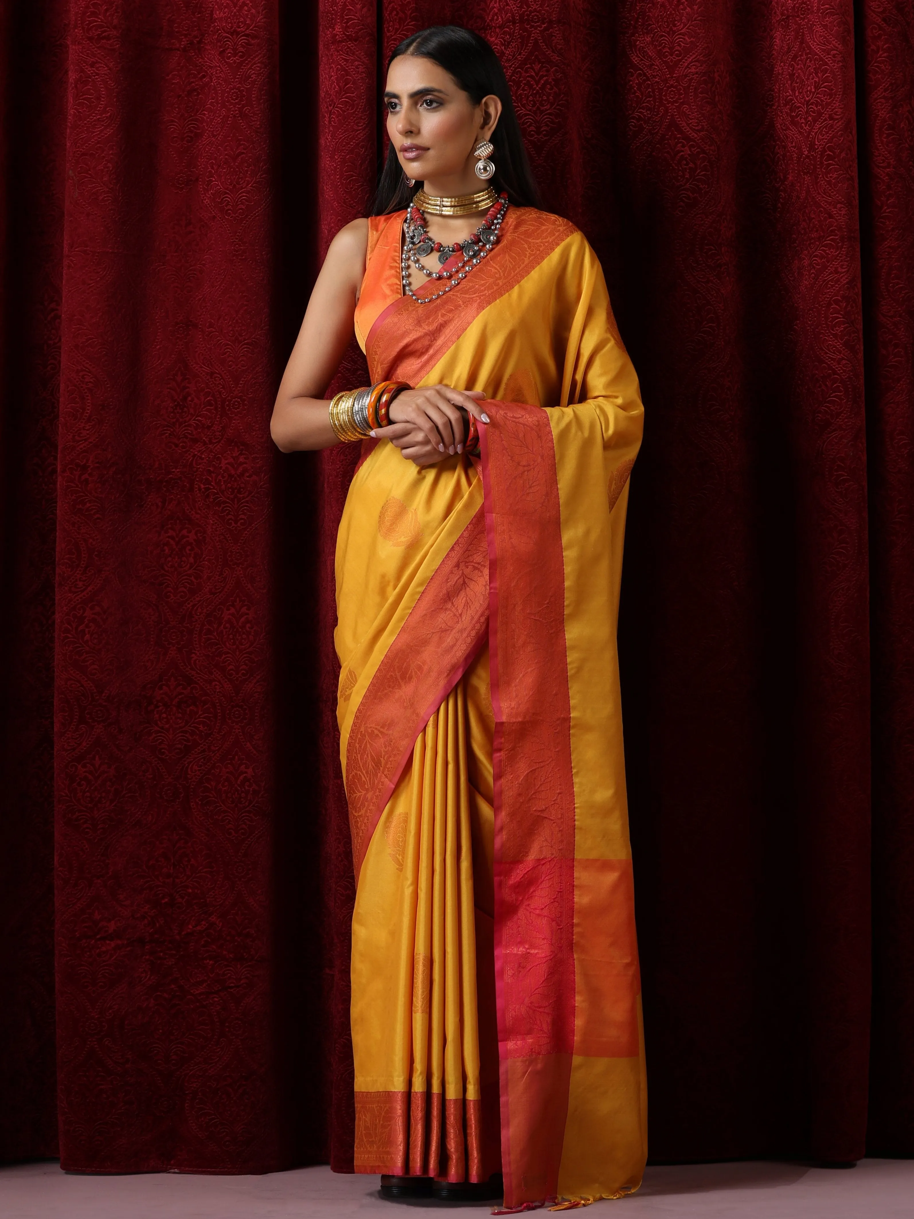 Yellow Red Blended Soft Silk Saree with Blouse Fabric