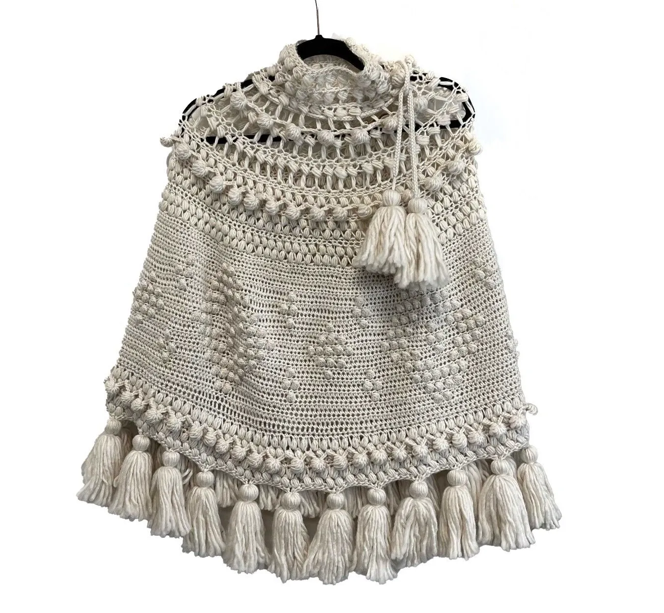 Zimmermann NEW 2022/23 FW pompon hand knit Crocheted poncho cape O/S Cream